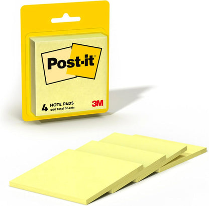 Post-it Sticky Notes 4 Pad Pack, 3" x 3" - Canary Yellow