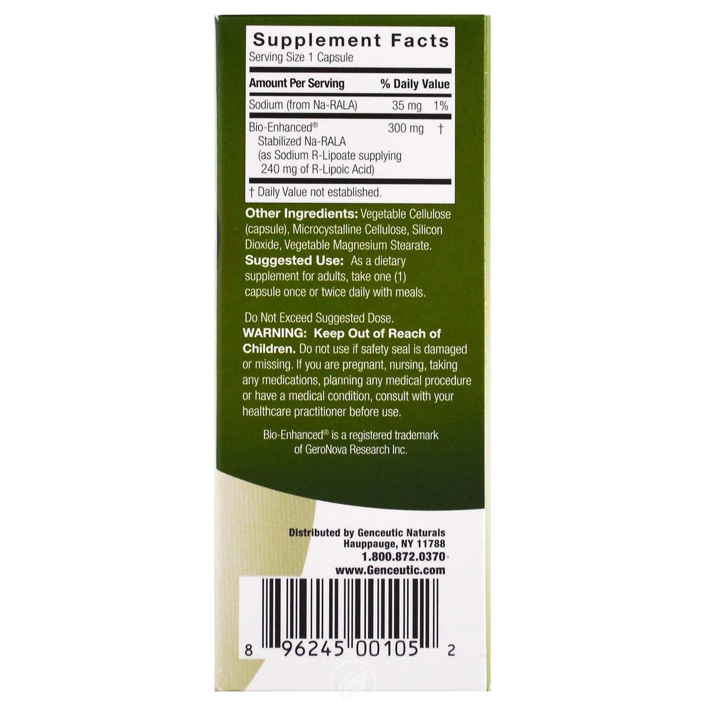 GENCEUTIC NATURALS NAT R LIPOIC ACID 300MG