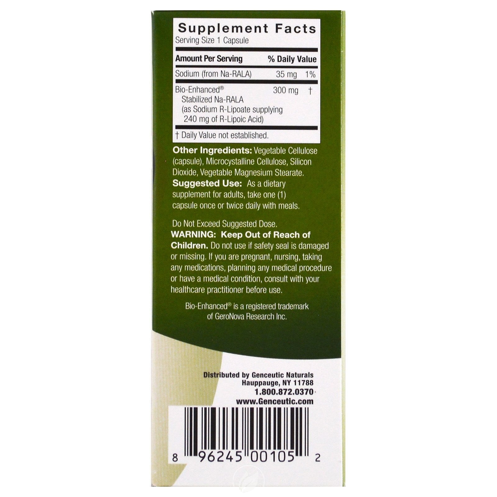 GENCEUTIC NATURALS NAT R LIPOIC ACID 300MG