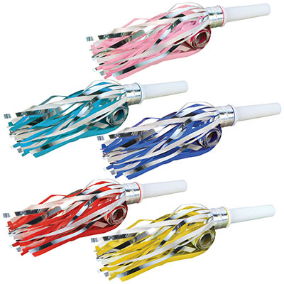 Unique Fancy Fringed Multicolor Metallic Stripes Party Blowouts, 8 pack
