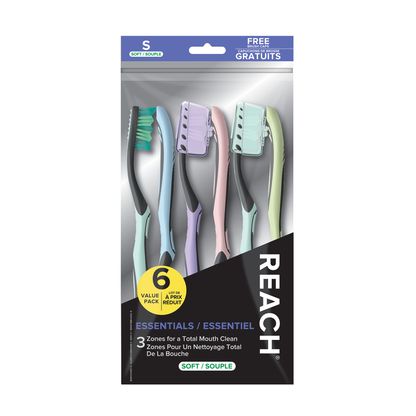 Reach Toothbrush Essentials Soft 6 Count With Free Caps