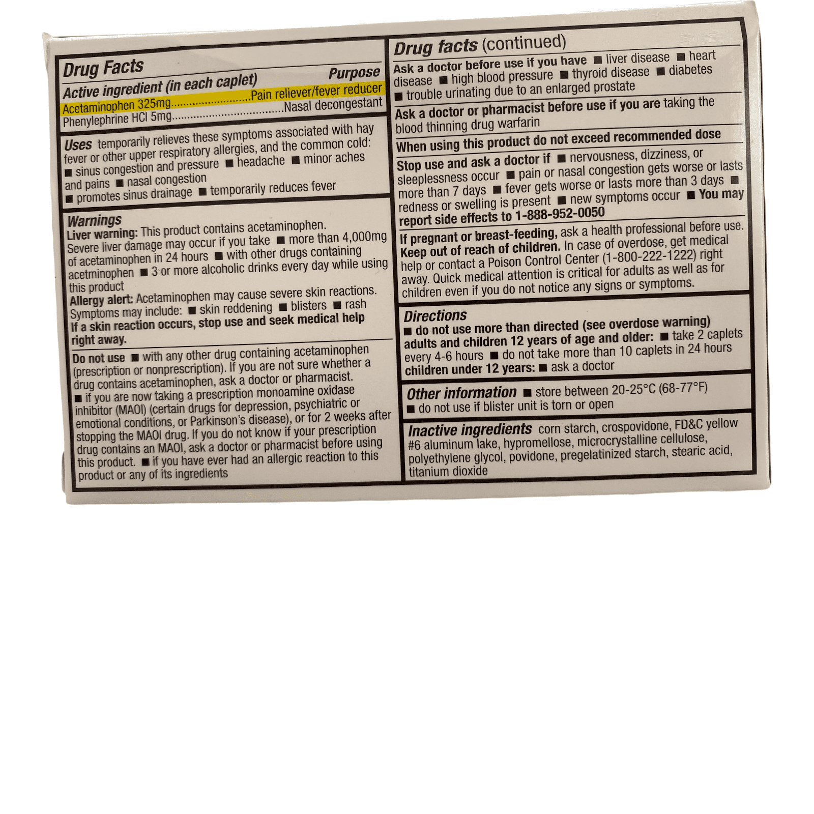 ACETAMIN-PHENYLEPHRINE 325-5MG CPL 24