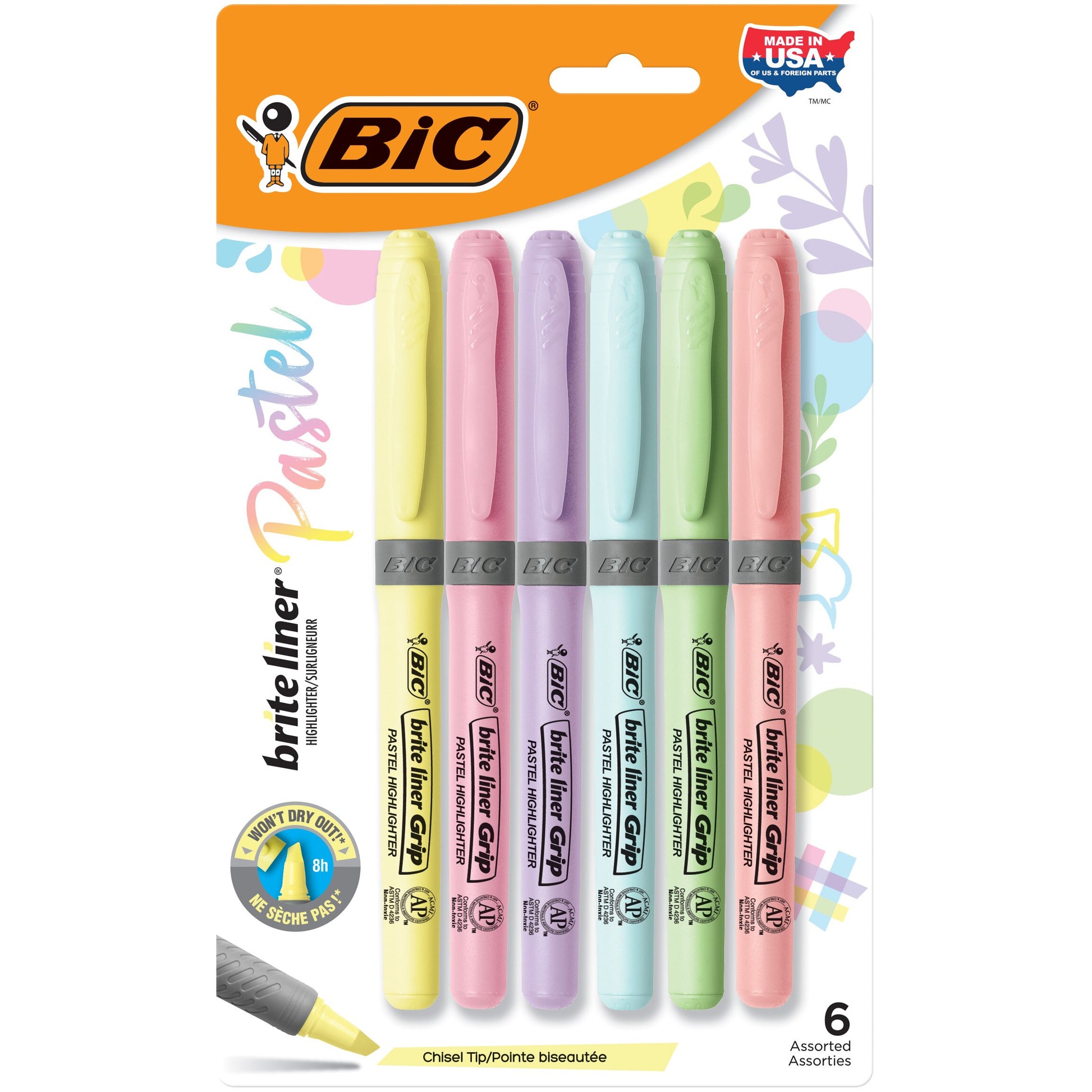 BiC Brite Liner Grip Pocket Highlighter - Assorted Pastels, 6 count