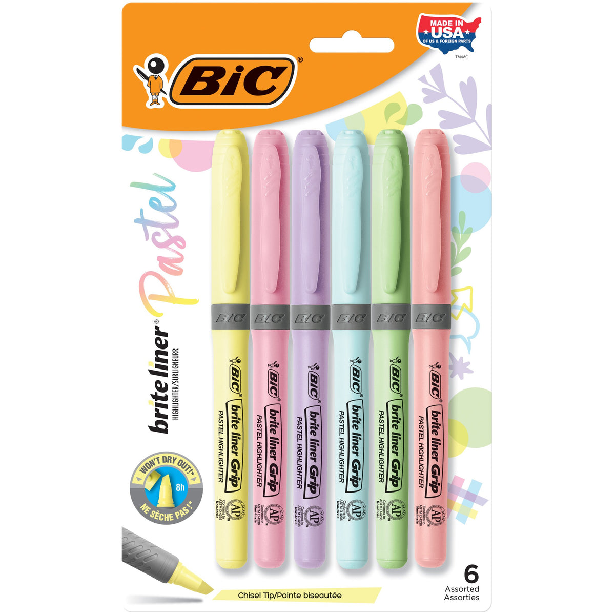 BiC Brite Liner Grip Pocket Highlighter - Assorted Pastels, 6 count