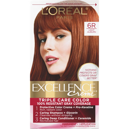 L'ORÉAL PARIS Excellence Triple Protection Permanent Hair Color, 6R Light Auburn, 6.3 fl. oz.