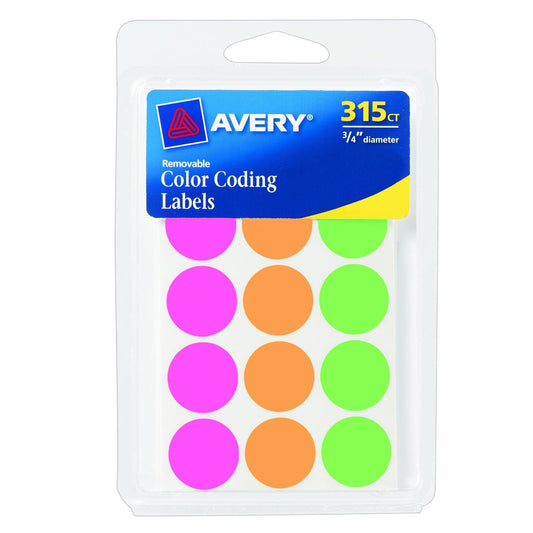 Avery Color Coding 0.75" Round Removable Labels - Assorted Neons, 315 count