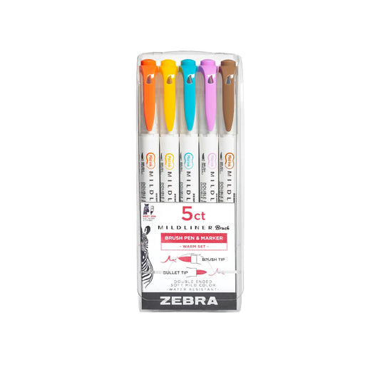 Zebra Mildliner Double-Ended Brush Marker and Fine Tip Pens - Assorted Cool and Refined Colors, 5 count