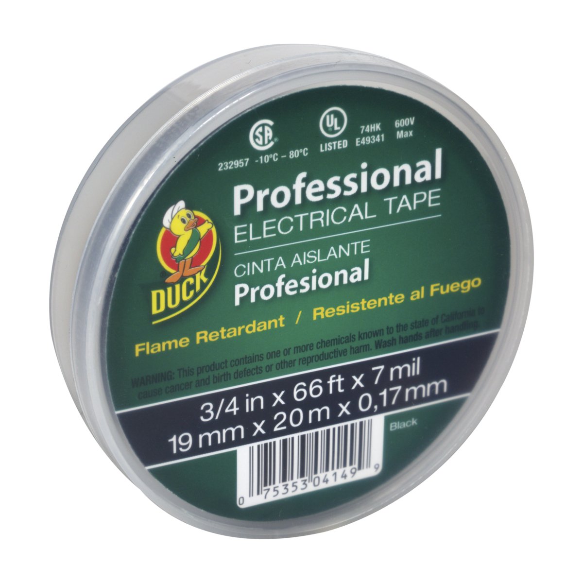 DUCK Professional Electrical Tape - Black, 0.75" x 66'