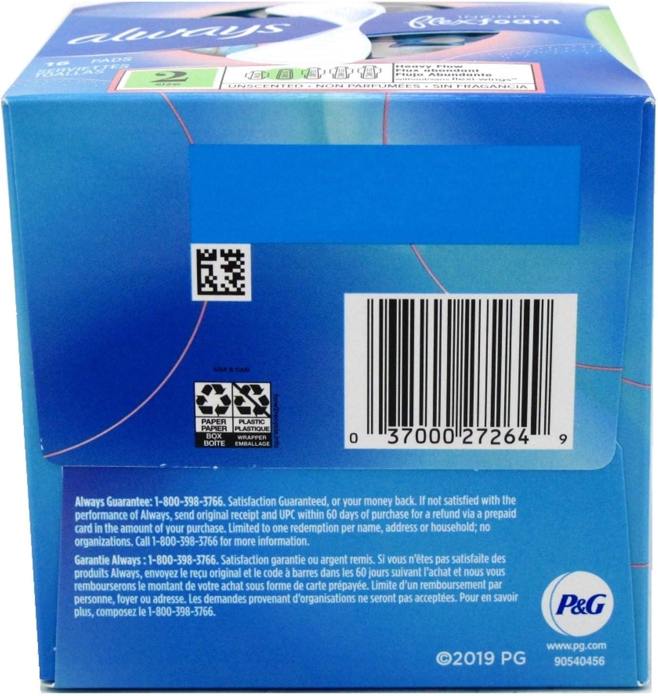 Always Pads Size 2 Infinity Flex Foam 16 Count Heavy Flow