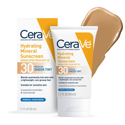 CeraVe Hydrating Mineral Tinted Face Sunscreen Lotion, Medium - SPF 30, 1.7 oz