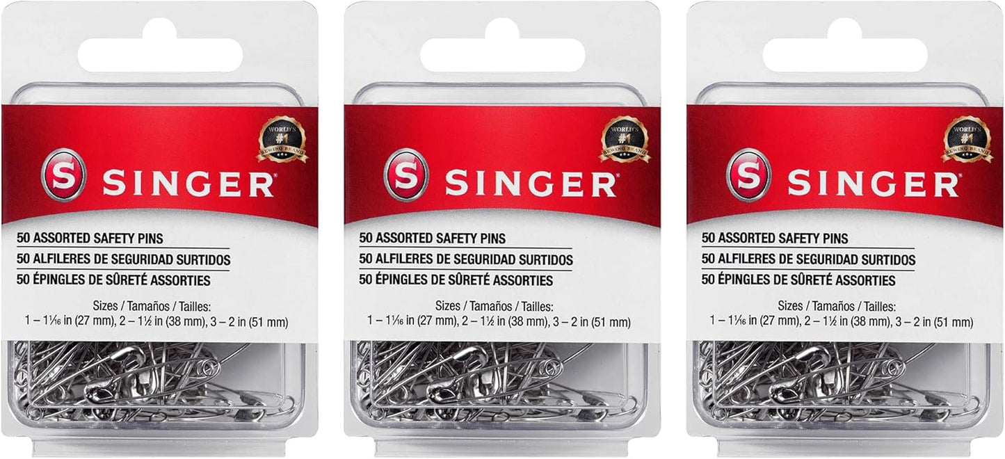 SINGER Assorted Safety Pins, 50 Count, Sizes 1, 1-1/16" - 2, 1-1/2" - 3, 2"