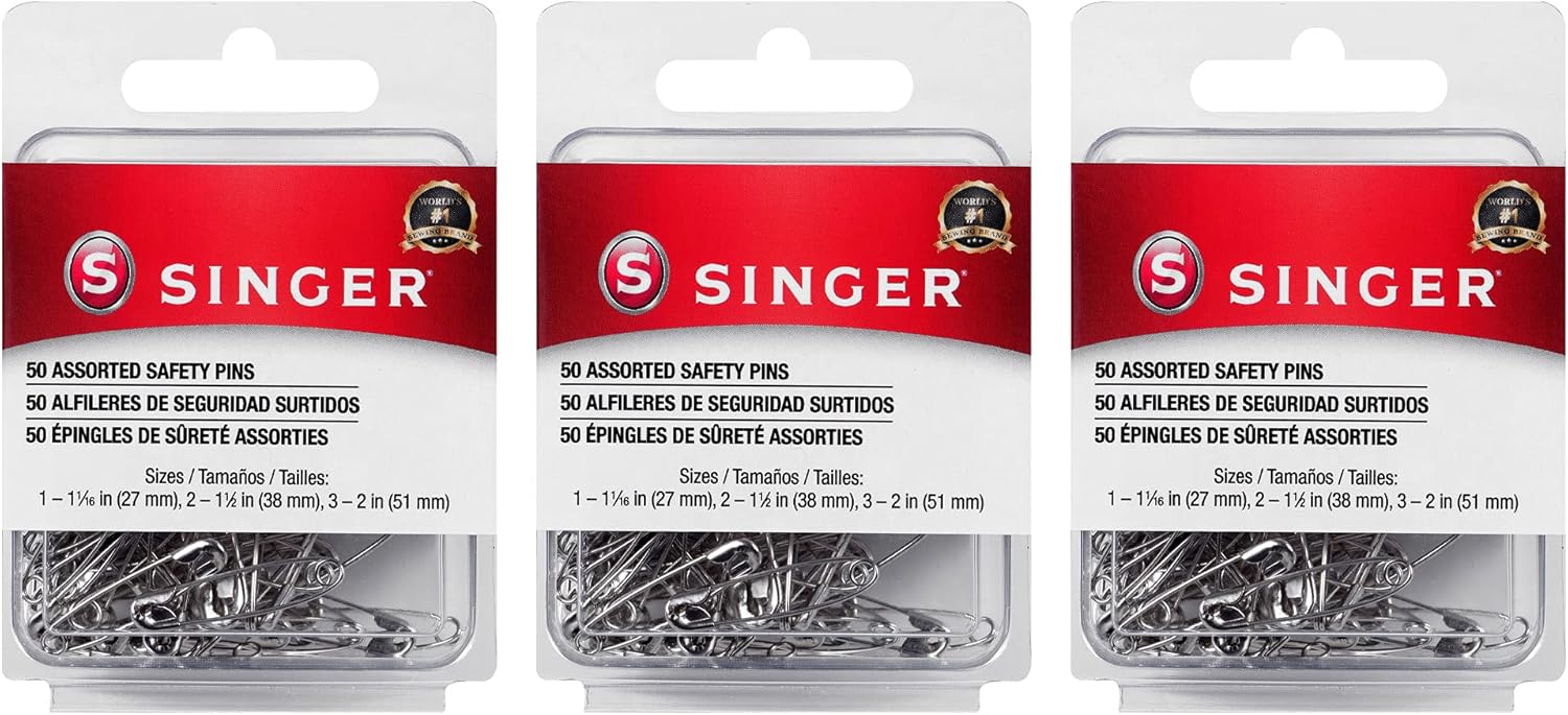 SINGER Assorted Safety Pins, 50 Count, Sizes 1, 1-1/16" - 2, 1-1/2" - 3, 2"