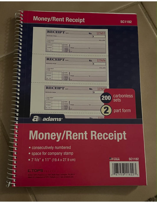 Adams Carbonless Money and Rent Receipt - Two Parts, 50 Sheets