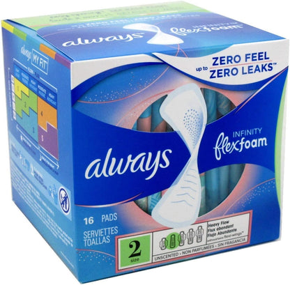 Always Pads Size 2 Infinity Flex Foam 16 Count Heavy Flow