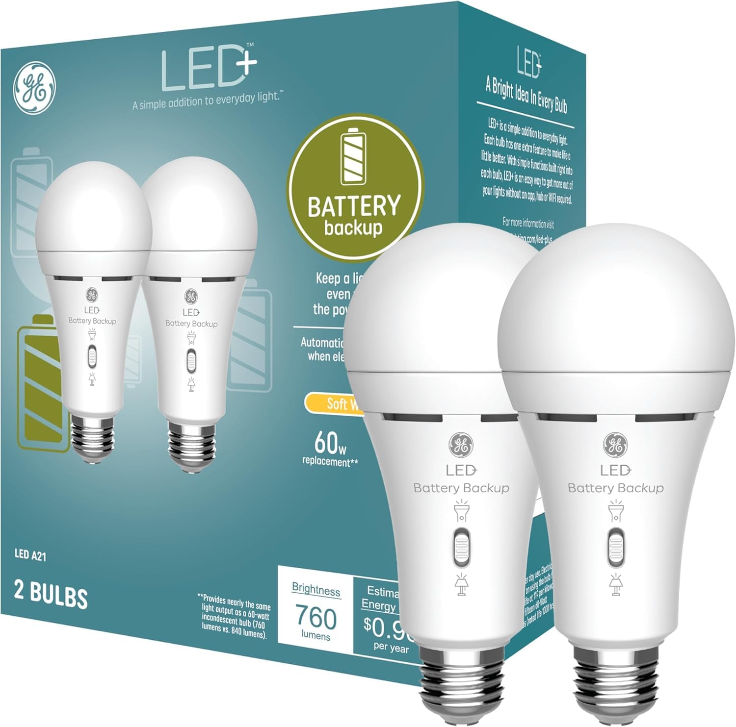 GE Lighting LED+ Battery Backup A21 LED Light Bulbs with Built-in Flashlight