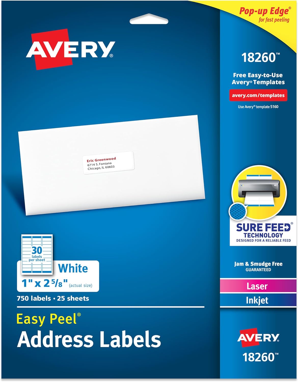 Avery Easy Peel Address Labels, 1" x 2.625" - White, 300 count