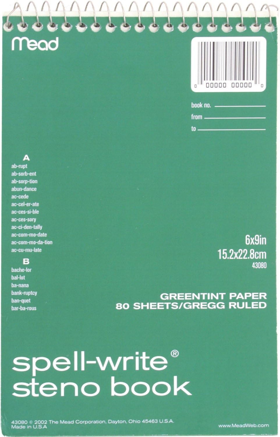 Mead Steno Book 80 Sheets Gregg Ruled - Green, 6"x9"