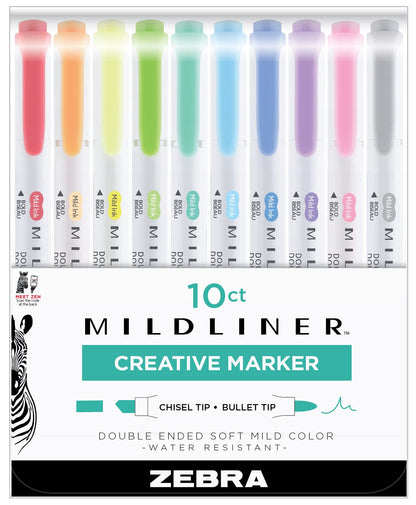 Zebra Mildliner Double-Ended Brush Marker and Fine Tip Pens - Assorted Cool and Refined Colors, 5 count