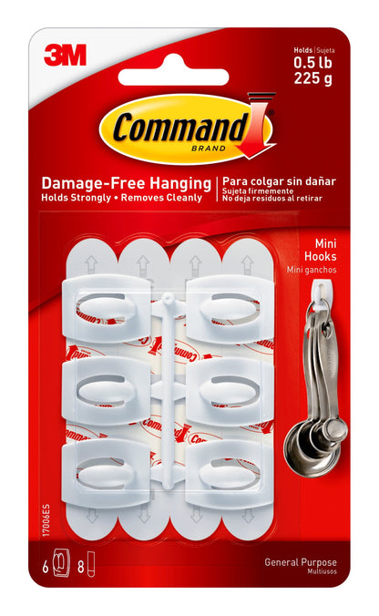 Command Mini Wall Hooks - White, 6 Hooks + 8 Strips