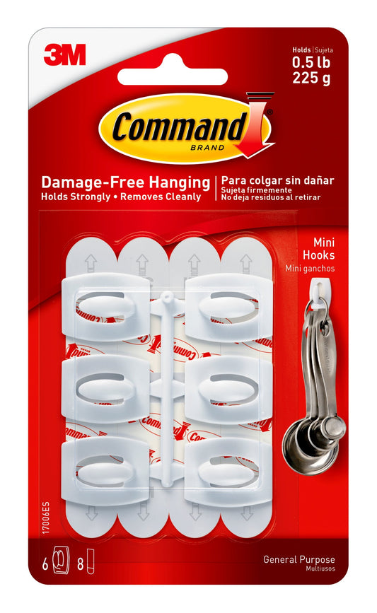Command Mini Wall Hooks - White, 6 Hooks + 8 Strips