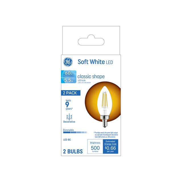 GE Lighting Basic LED 60 Watt Replacement, Soft White, B11 Deco - Candle Bulbs, 2 pack