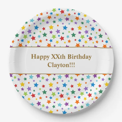 Unique Patterned Round 9" Paper Plates - Dots & Stars Birthday, 8 count