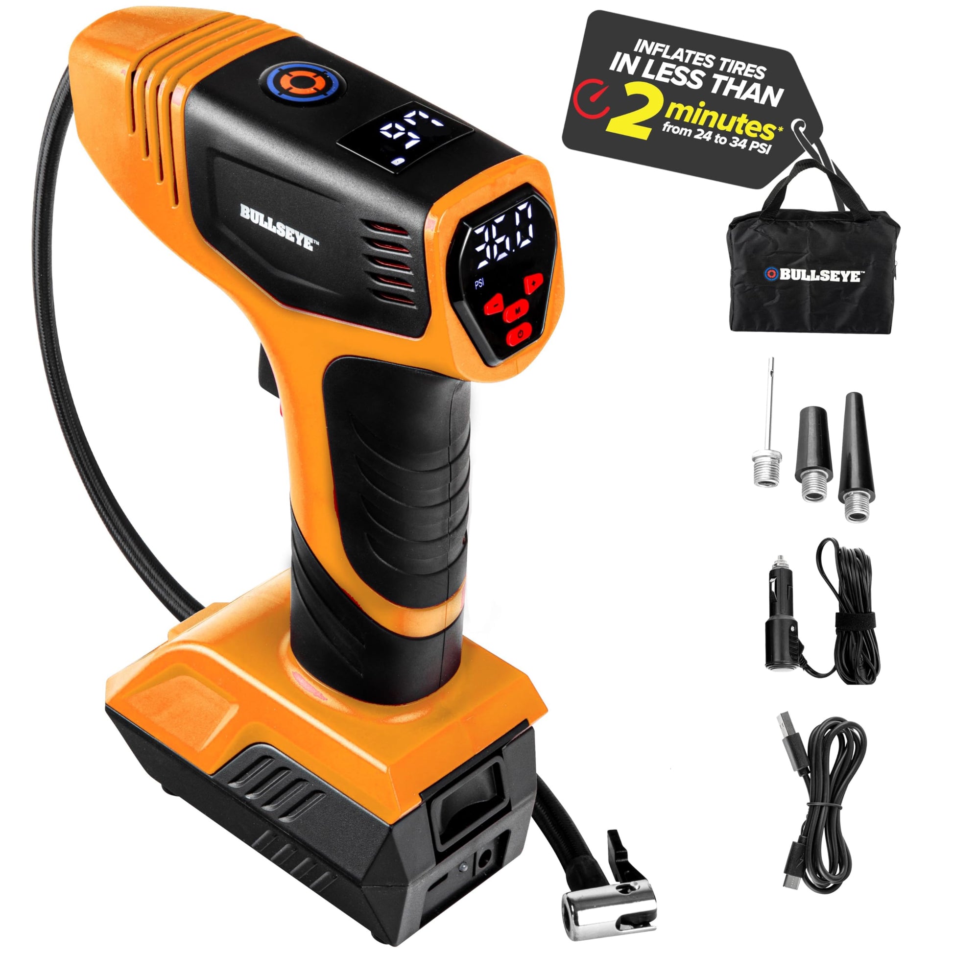 Bell + Howell Bullseye Pro Portable Rechargeable Tire Inflator with Digital Pressure Gauge
