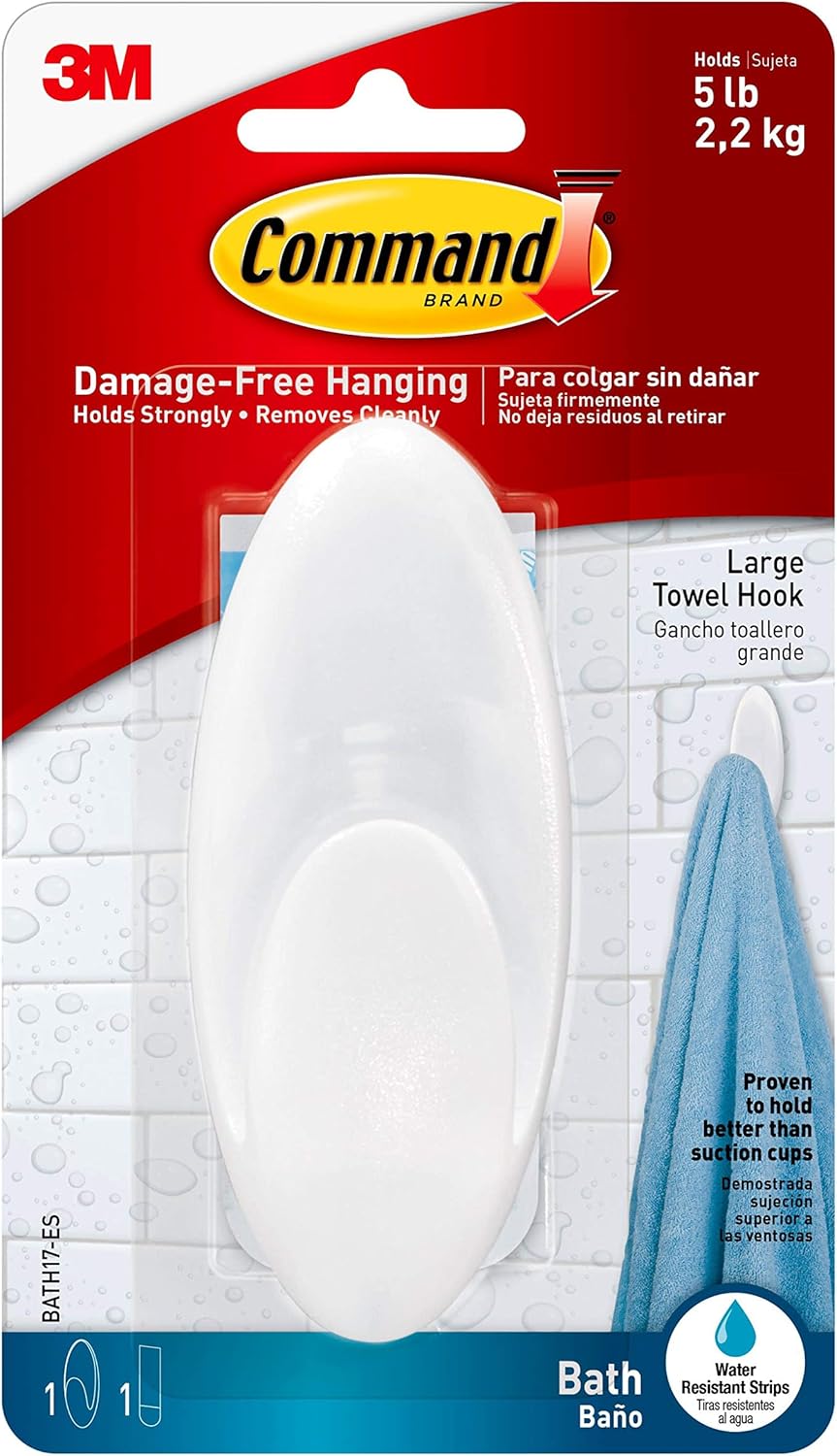 Command Large Bath Towel Hook - White, 1 Hook + 1 Strip