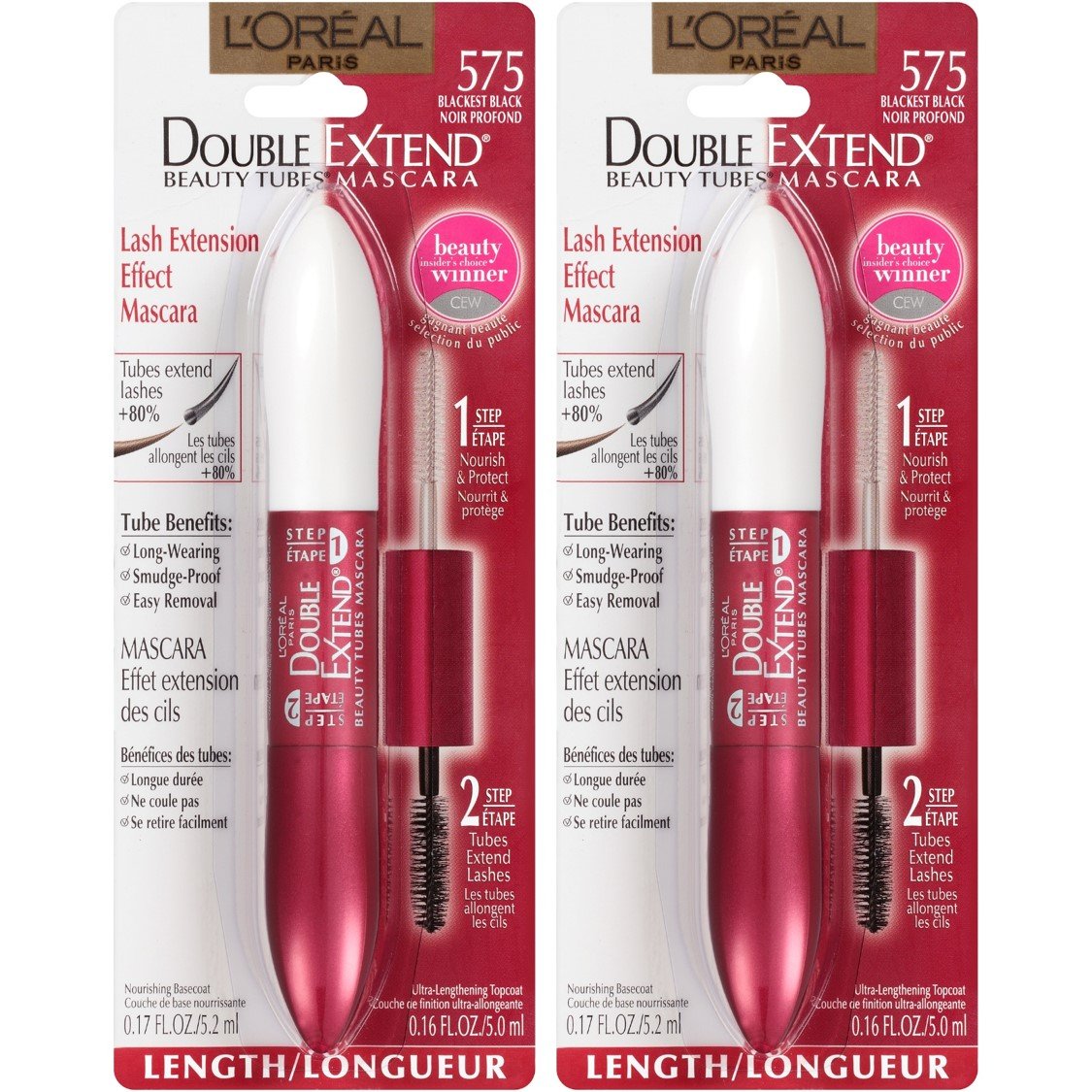 L'ORÉAL PARIS Double Extend Beauty Tubes Lengthening Mascara and Basecoat, 570 Black, 0.33 fl oz