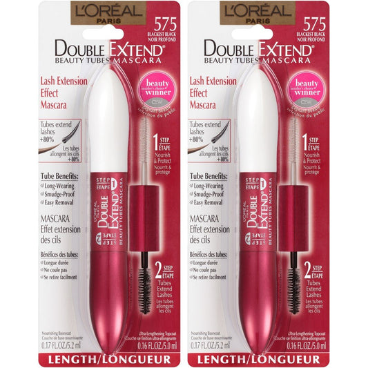 L'ORÉAL PARIS Double Extend Beauty Tubes Lengthening Mascara and Basecoat, 570 Black, 0.33 fl oz