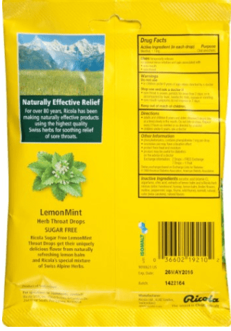 RICOLA COUGH DROP,SF LEMON MINT
