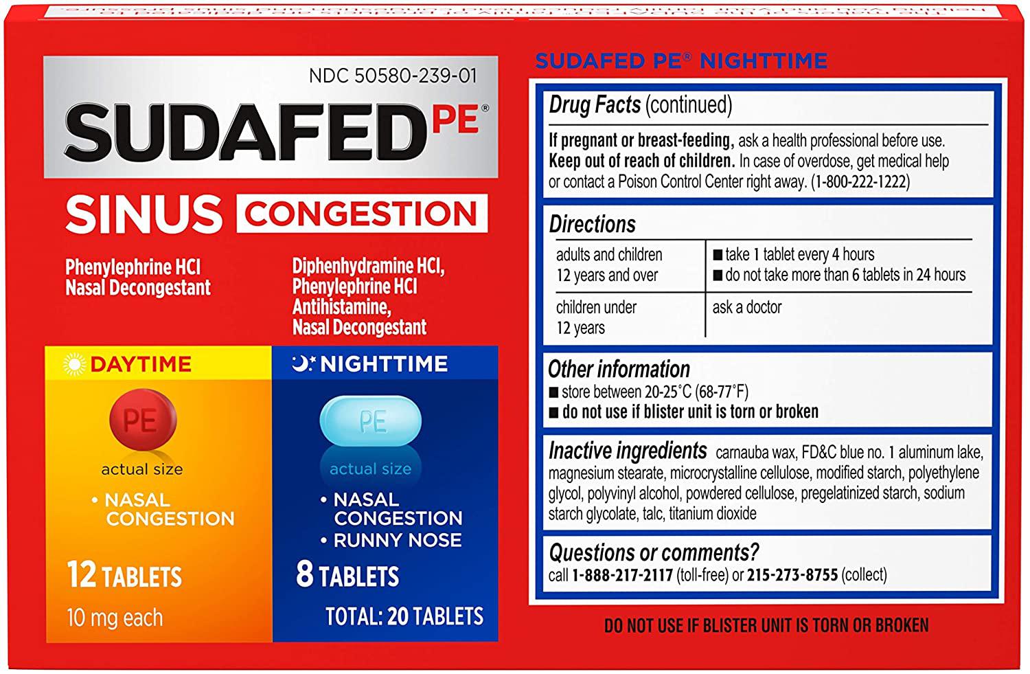 SUDAFED PE SINUS CONGESTION DT/NT TAB 20