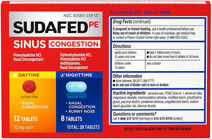 SUDAFED PE SINUS CONGESTION DT/NT TAB 20