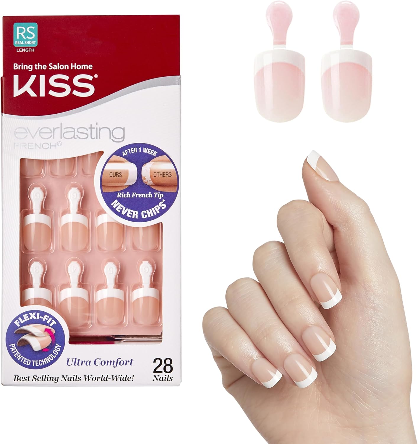 KISS Everlasting Petite Length Glue-On Nails Kit - French, 28 count