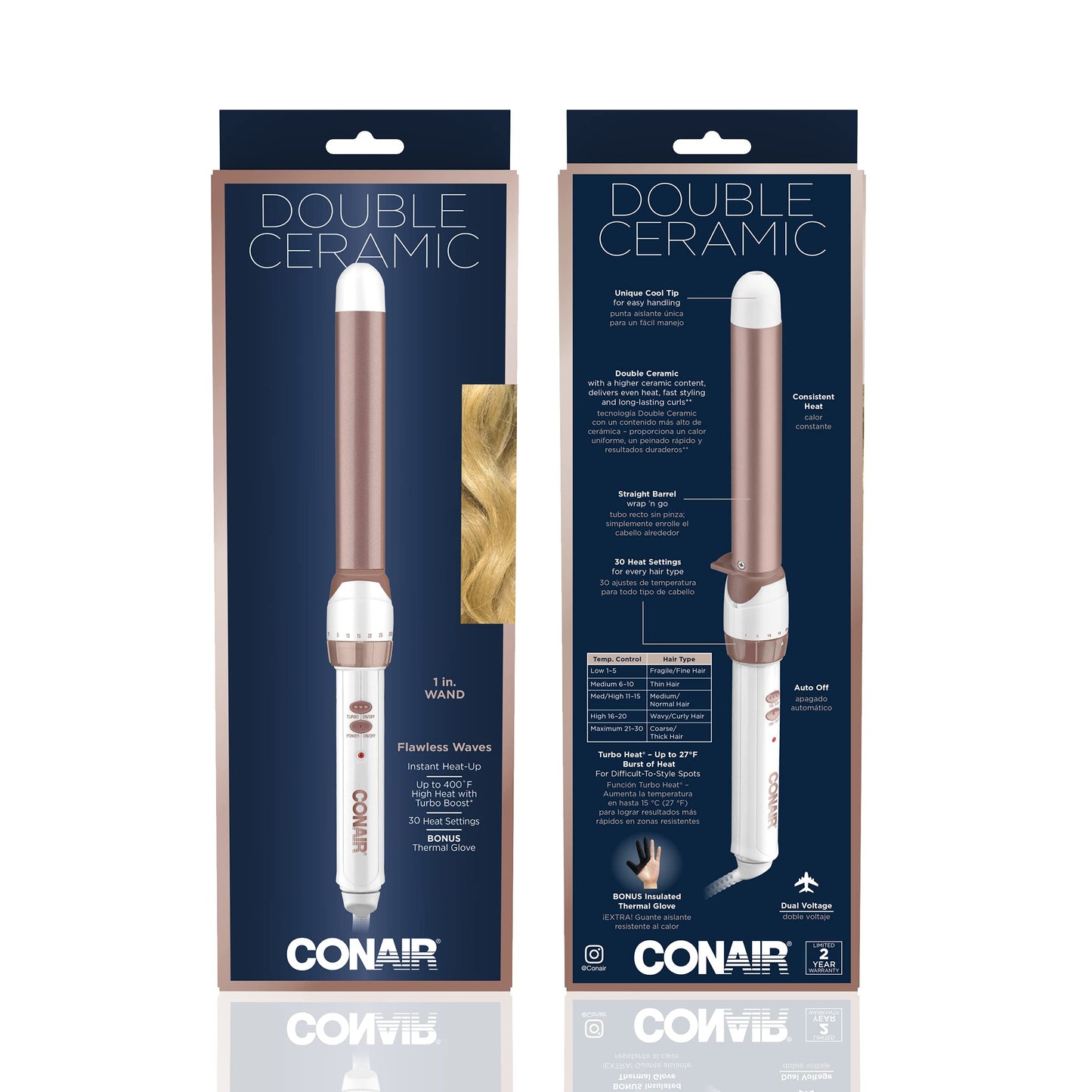 CONAIR Double Ceramic Tapered Curling Wand - Rose Gold, 3/4" to 1.25"