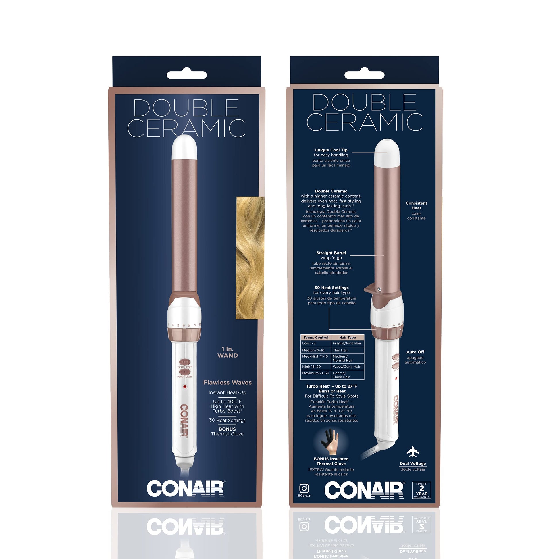 CONAIR Double Ceramic Tapered Curling Wand - Rose Gold, 3/4" to 1.25"