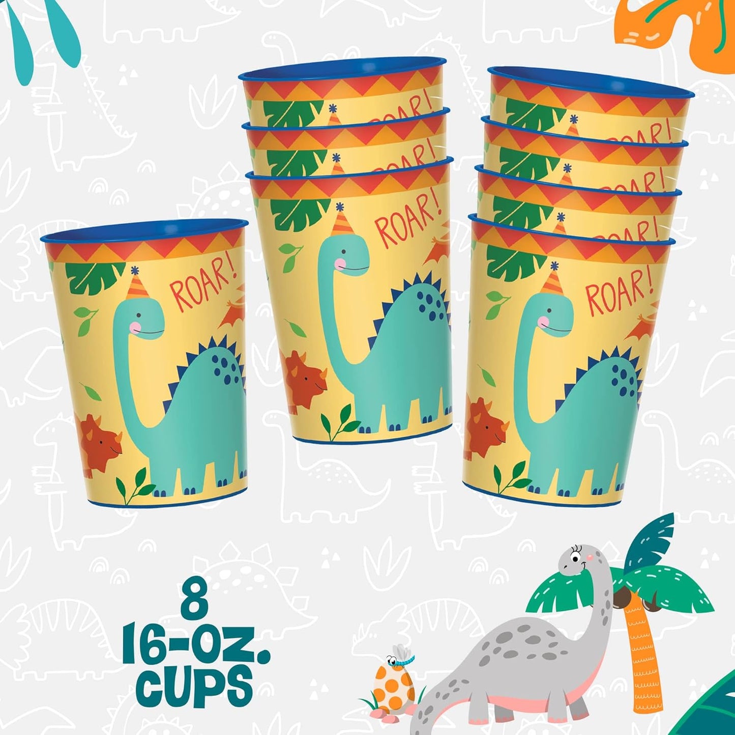 Blue & Green Dinosaur 9oz Paper Cups, 8 count