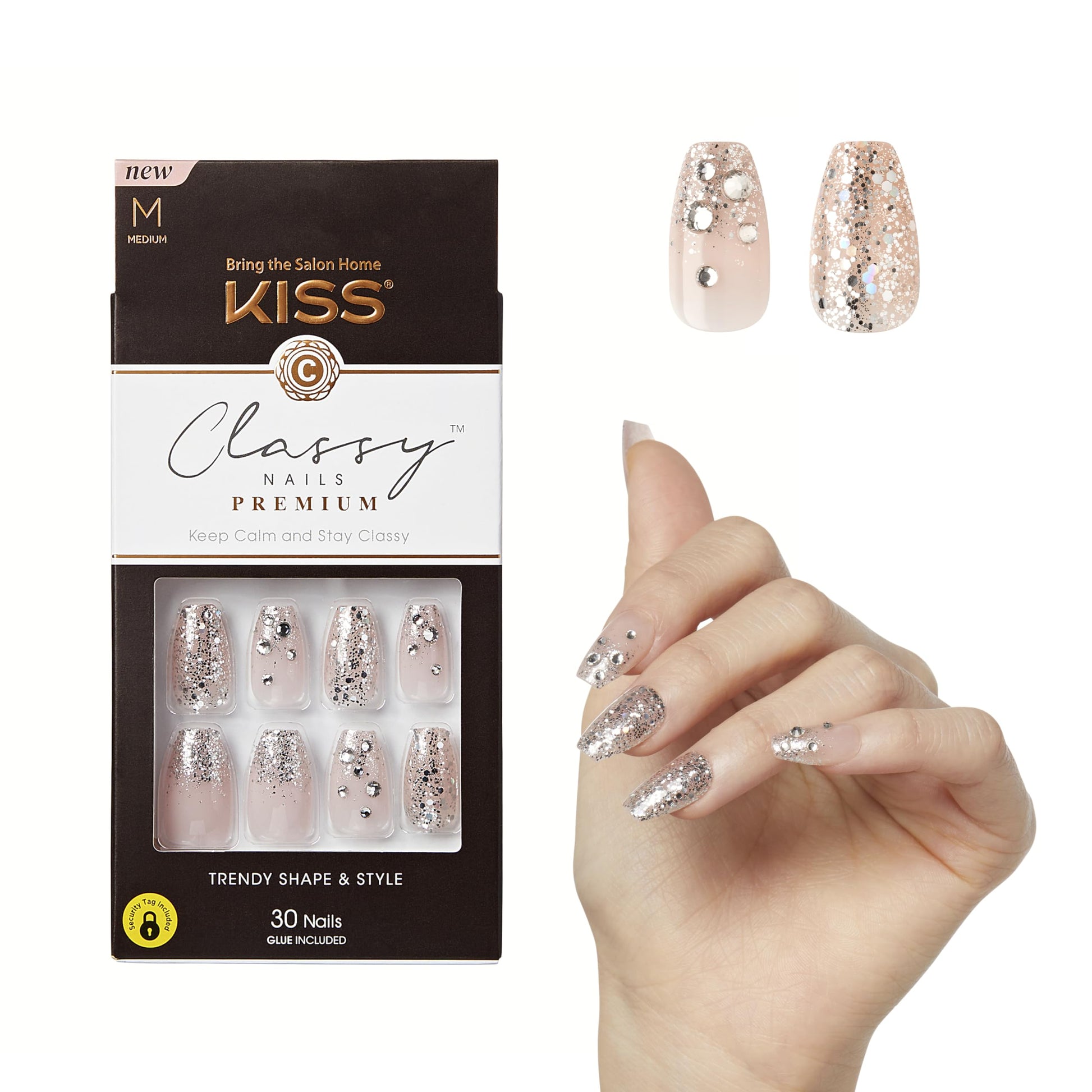 KISS Classy Premium Long Square Glue-On Fake Nails - Gorgeous