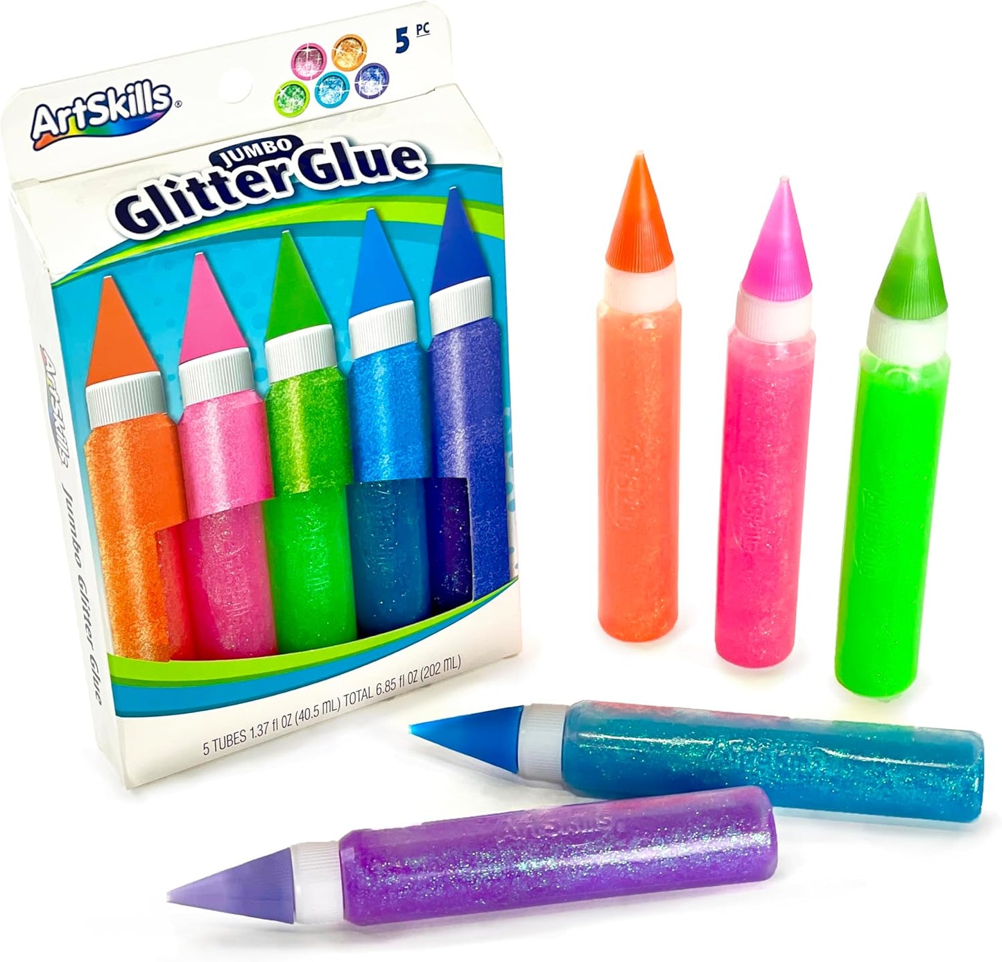 ArtSkills Puffy Neon Jumbo Rainbow Glitter Glue Pens, 5 count