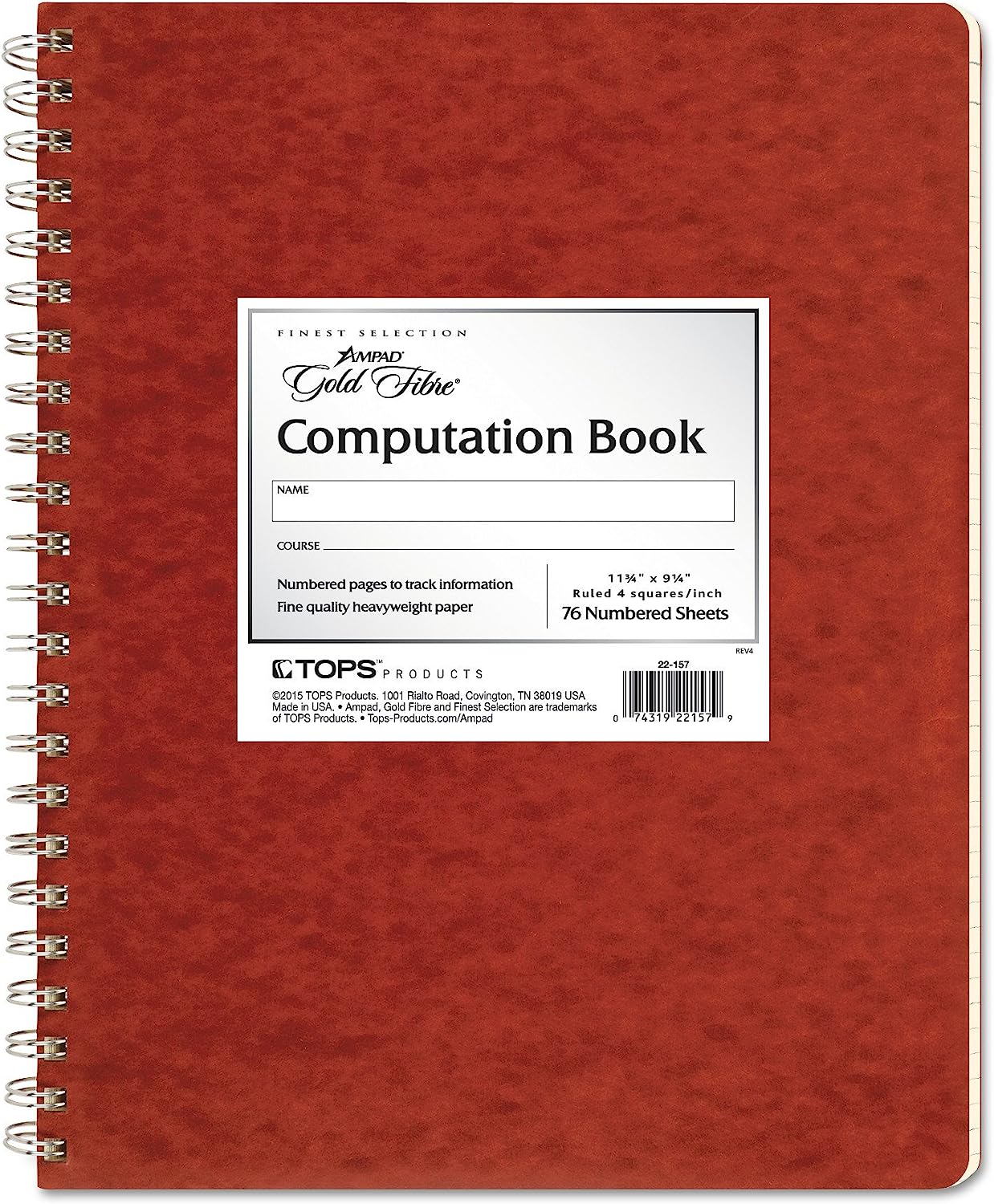 Ampad® Computation Book, Graph Ruled (4 x 4), Red Pressboard Covers, Ivory Paper, 76 Sheets