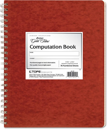 Ampad® Computation Book, Graph Ruled (4 x 4), Red Pressboard Covers, Ivory Paper, 76 Sheets