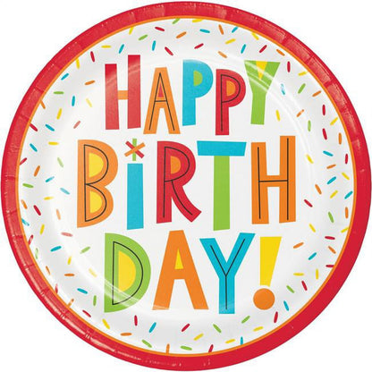 Unique Patterned Round 9" Paper Plates - Triangle Birthday, 8 count