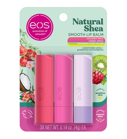eos Natural Shea Lip Balm - Honey Apple, Coconut Milk & Raspberry Kiwi Splash, 3 count