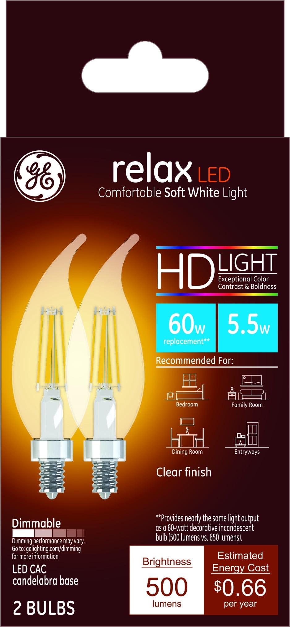 GE 3.5W LED Soft White Clear Finish Dimmable CAM Decorative Light Bulbs (2-Pack)