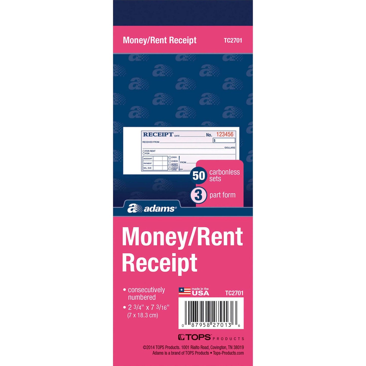 Adams Money Receipt Book With Stub, 50 Sheets