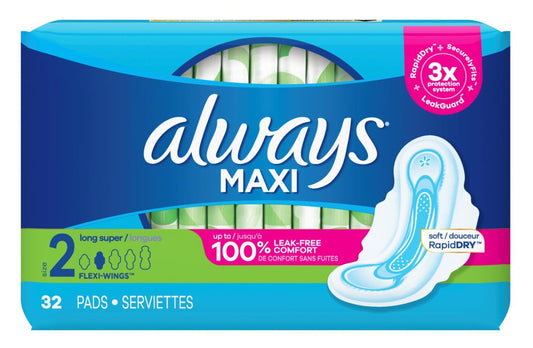 Always Pads Size 2 Maxi 32 Count Long Super 9 Hour