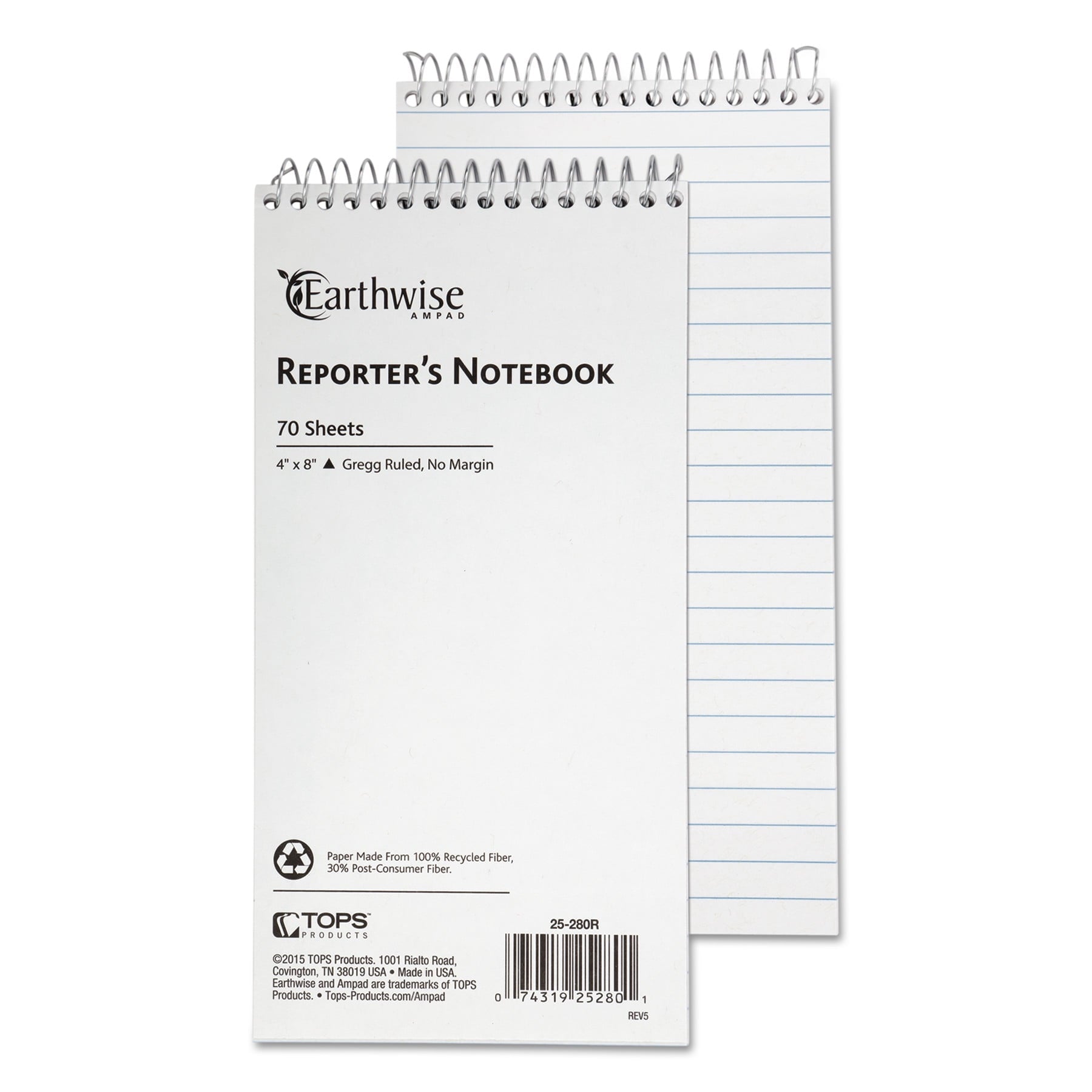 Earthwise® by Ampad® Recycled Reporter's Notebooks, 4" x 8", Pitman Rule, 70 Sheets