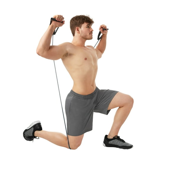 SPRI Home Gym Essentials Kit Includes Jump Rope Push-up Bars Ab Wheel and Medium Resistance Tube