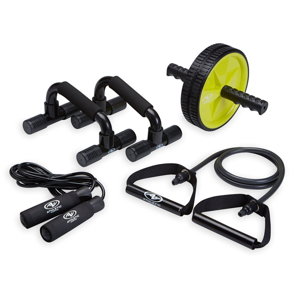 SPRI Home Gym Essentials Kit Includes Jump Rope Push-up Bars Ab Wheel and Medium Resistance Tube