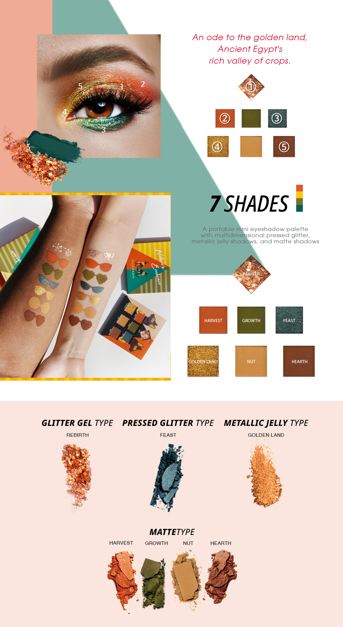 EBIN NEW YORK Secret of Pharaoh 7 Shades Eyeshadow Palette - Nature's Embrace